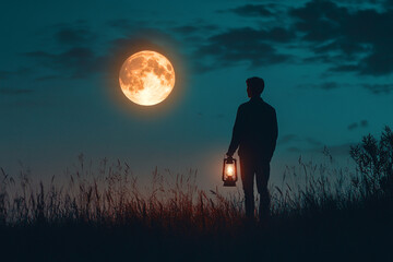 Man standing under the full moon