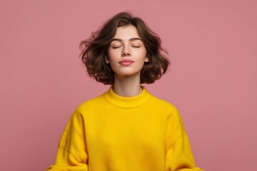 Fototapeta premium Woman in yellow sweater closing eyes, pink background, mindfulness, yoga pose, serenity
