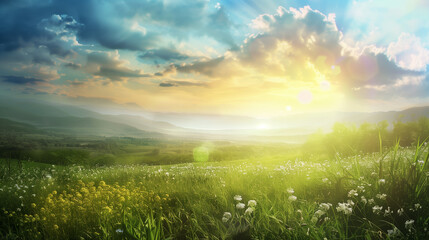 green field and blue sky. field and clouds