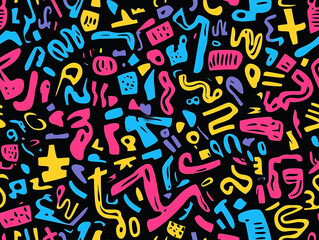 Vibrant, chaotic, and colorful doodle pattern with abstract shapes reminiscent of 90s hip-hop street art.