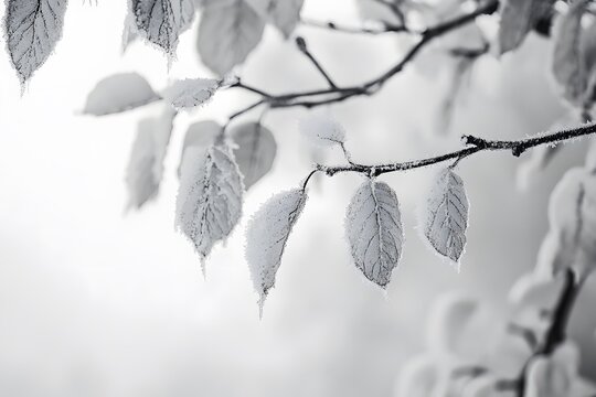 Frost covered leaves on a tree branch in winter monochrome photography
