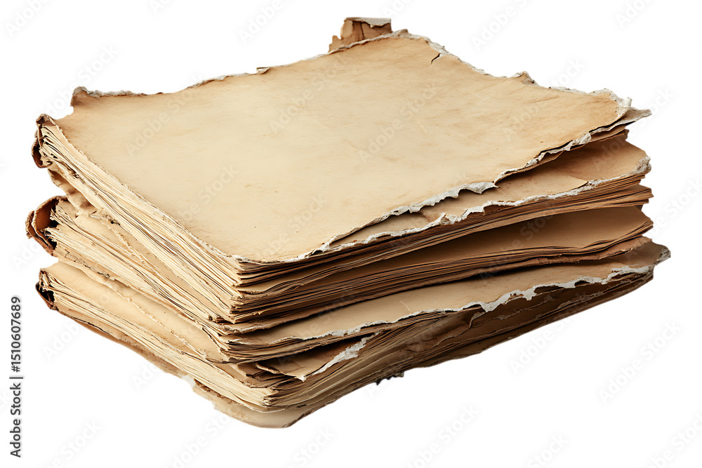Poster stack of aged paper sheets with torn edges against transparent background