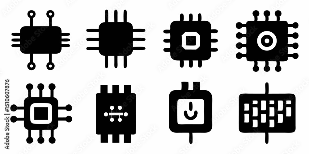 Poster high resolution computer chip and electronic circuit icons design set for digital projects