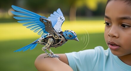 Young boy interacting with robotic bluebird on his arm outdoors  