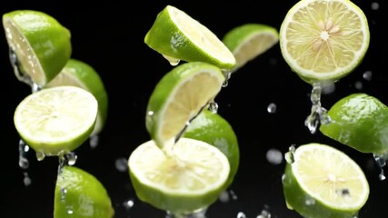 Fresh limes splashing in water slow motion - Powered by Adobe