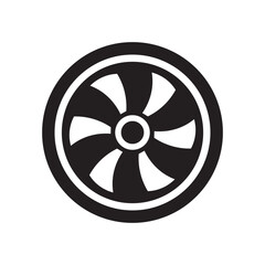 Fototapeta premium black and white vector icon of a circular fan with five curved blades, isolated on white background, ideal for ventilation themes