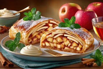 Homemade apple strudel with a flaky crust and spiced filling