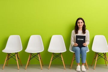 Young Woman Holding Resume in Waiting Area &ndash; Job Interview Concept Flatlay