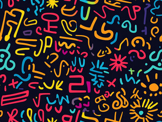Vibrant, chaotic, and colorful doodle pattern with abstract shapes reminiscent of 90s hip-hop street art.