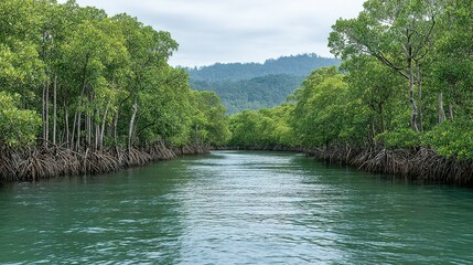 Fototapeta premium Lush mangrove forest lining a calm waterway.