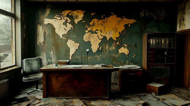 A world map hangs on the wall of an abandoned 's office