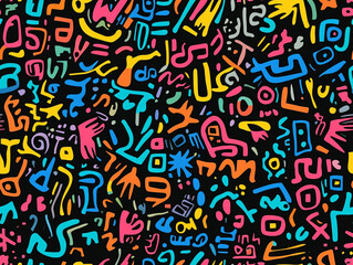 Obraz premium Vibrant, chaotic, and colorful doodle pattern with abstract shapes reminiscent of 90s hip-hop street art.