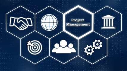 selecting a Project Management concept on a futuristic. Hi tech motion graphic background, white flickering dots on dark background .