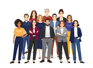 Portrait of group of happy diverse multiethnic business people standing together. Team of colleagues in different ages. Isolated vector illustration.
