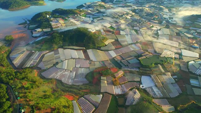 A vibrant aerial view of Da Lat&rsquo;s greenhouses beside a lake, with colorful patchwork farmlands and soft morning mist.