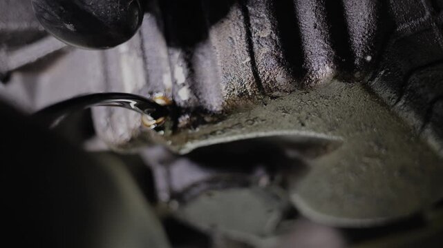 A repairman unscrews the crankcase plug on a car and drains oil into a canister
