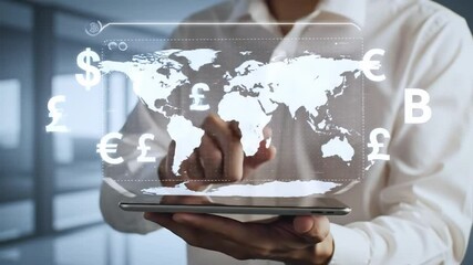 businessman holding digital tablet with world map - Powered by Adobe