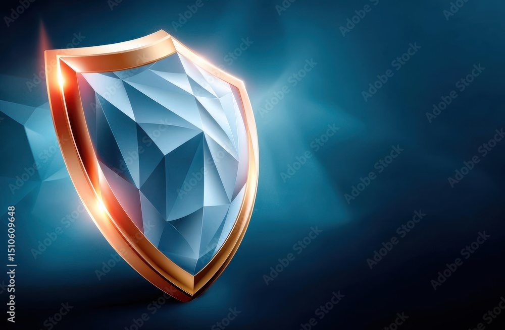 Poster abstract low-poly metallic shield with a glowing edge on a dark background