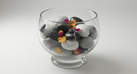 Still life rocks flowers glass bowl zen garden decoration spa stones pebbles meditation peaceful nature art