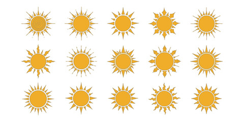 “Collection of Golden Sunburst and Sun Ray Vector Icons with Various Designs”