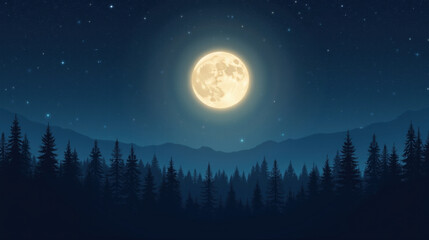 Fototapeta premium Serene night scene featuring bright full moon illuminating tranquil forest landscape. stars twinkle in clear sky, creating peaceful atmosphere