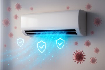 Air purifier function showing virus protection icons and clean blue airflow from air conditioner