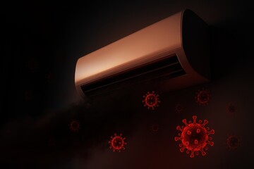Dark room with air conditioner releasing red virus particles, indoor air contamination concept