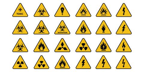 “Set of Yellow Warning and Hazard Symbols for Toxic, Biohazard, Radiation, Fire, and Electrical Safety”