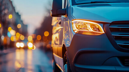 Close-up of a modern delivery vehicle on a wet city street at dusk