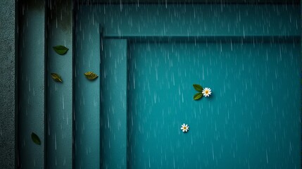 Rainy Day Serenity Tranquil Pool Surface with Floating Leaves and a Delicate White Flowe