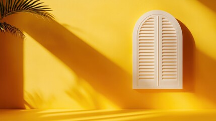 Minimalist composition featuring white arched window with shutters on vibrant yellow surface