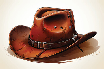 Simple isolated doodle sticker. Brown leather cowboy wide brim hat with plaque and badges. Wild west concept sticker.