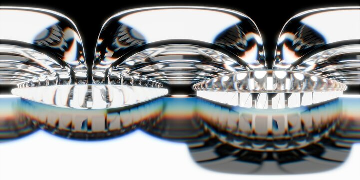 Futuristic 3D render of smooth, arched glass structures reflecting light with rainbow distortions. Symmetrical and abstract, ideal for sci-fi, technology, or modern digital art backgrounds.