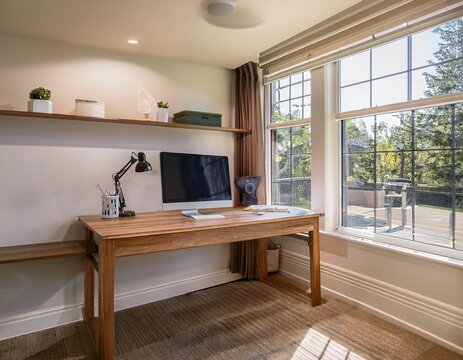 bright home office with custom built ins wood desk and a large window filling the space with natural light promoting a serene workspace