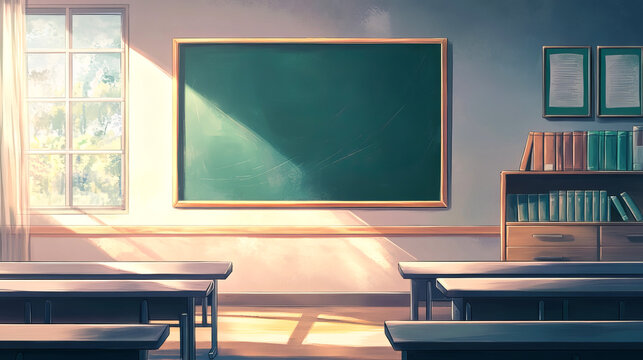 Peaceful anime school classroom interior scene with blackboard and sunlight for education and learning