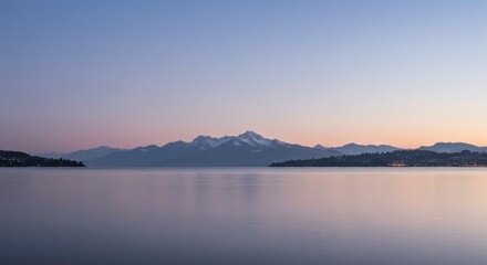 Serene Lake Lucerne Snowcapped Mountains Reflect in Calm Waters at Dawn.