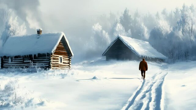 Ultra HD 4K a man walking in the snowfall video a man going house in the snowfall video a person walking in the snow falling video