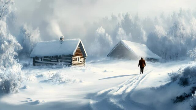 Ultra HD 4K a young man walking in the winter forest video a men walking in the forest video hiking in the winter mountain video