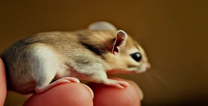 A small rodent with large dark eyes and delicate features sits on fingers, subtly shifting its position against a plain, warm toned background.
