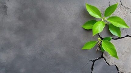 Nature pushing through a broken concrete floor, with vibrant green leaves and blossoms