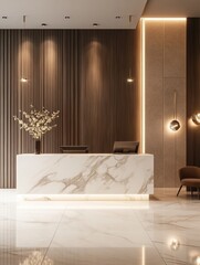 Modern luxury business lobby with high-end decor, marble desk and lighting fixtures for a warm welcome.