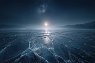 Fototapeta premium Europa’s Cracked Ice Surface Under Glowing Light, Jupiter Hangs in Sky