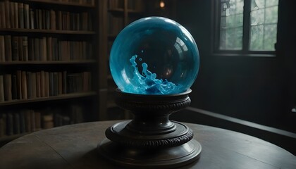 Enchanting Crystal Sphere with Vibrant Blue Swirls in Mystical Library