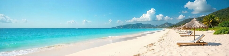 Serene panoramic view of a pristine sandy beach stretching to the horizon under a clear sky Perfect for travel, vacation, and summer themes Ideal for websites and publications , coastline, natural