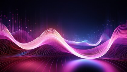 abstract glowing pink and purple digital wave with a futuristic perspective on a dark background creating a sci fi effect
