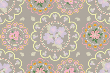 Boho Floral Medallion Seamless Pattern. Earthy Retro Colors. Botanical batik paisley border background. Mandala. Oriental floral print design for wallpaper, home textile, curtain fabric, clothing