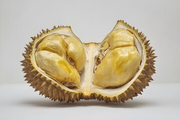 Fototapeta premium Freshly cut durian fruit showing ripe and creamy flesh against a clean white background