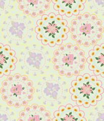 Pastel Floral Medallion Seamless Pattern. Soft Romantic Vintage Style. Vintage pattern in small flowers. Millefleurs. Floral sweet seamless background for textile, fabric, covers, background