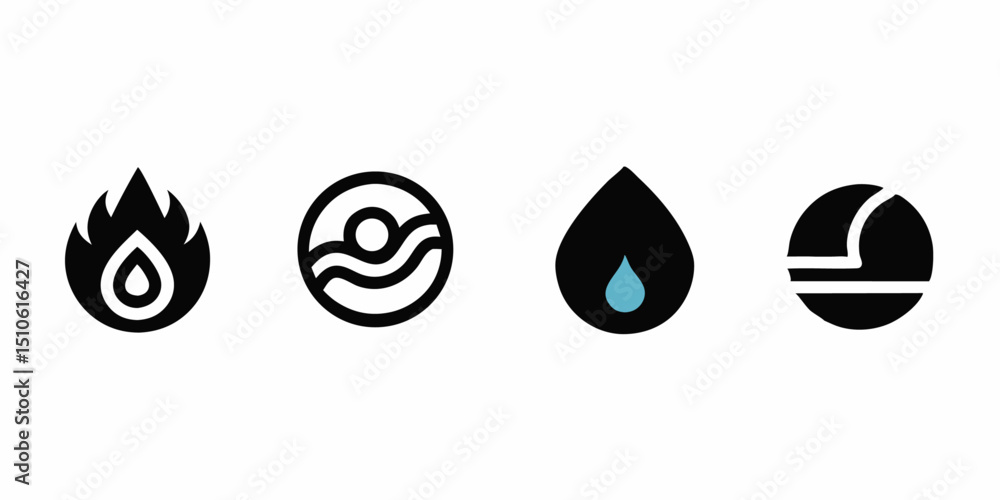 Aufkleber four element icon logo design featuring line style symbols for branding applications