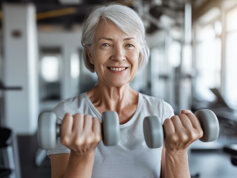 Active senior woman exercising with dumbbells, promoting fitness and health.